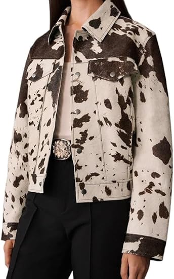 LAPUNIOT Women's Animal Print Denim Jacket Casual Cow Print Jacket Long Sleeve Button Up Motorcycle Cropped Coats (US, Alpha, X-Large, Regular, Regular, Leather Brown)