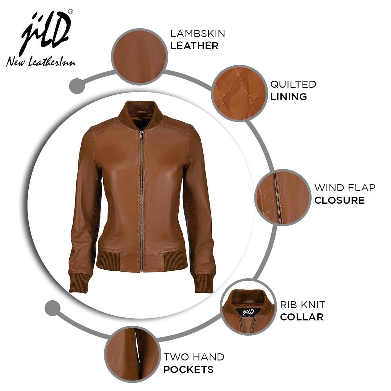 Jild Classical Zip Up Bomber Jacket Women - Casual Fashion Lightweight Moto Biker Windbreaker Zipper Real Leather Jacket Women (BW-Cog-M)