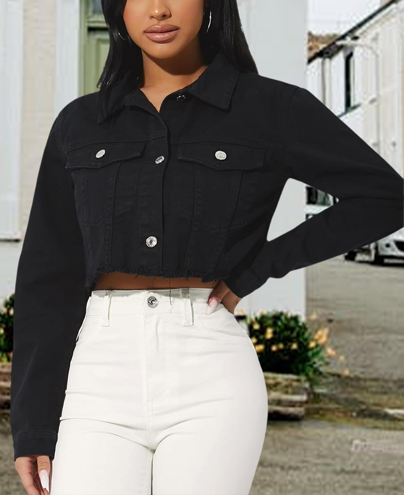 RomMoon Women's Denim Jackets Cropped Jean Jacket Long Sleeve Casual Button Down Crop Jean Jacket