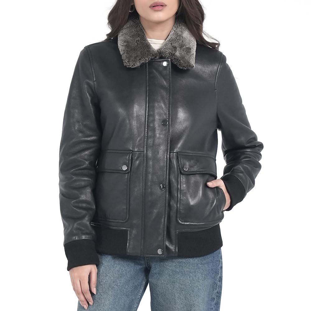 STREGA Women's Lambskin Leather Bomber Jacket – Detachable Snow Top Faux Fur Collar, Polyester-Insulated Lining | Genuine Leather Aviator Jacket Women with Warm Winter Comfort | Black – Medium