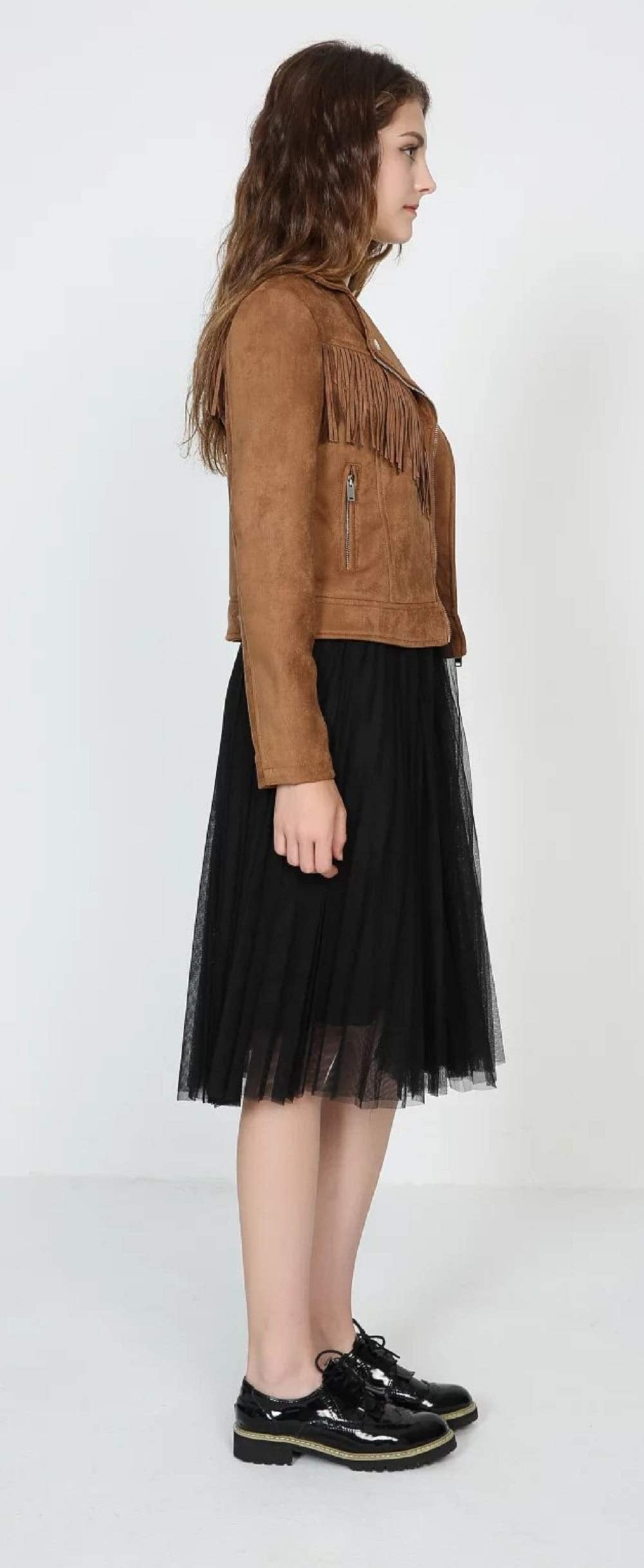 CHARTOU Women's Fall 2023 Fashion Faux Suede Leather Casual Moto Biker Jacket Coats (Small, tassel-coffee)