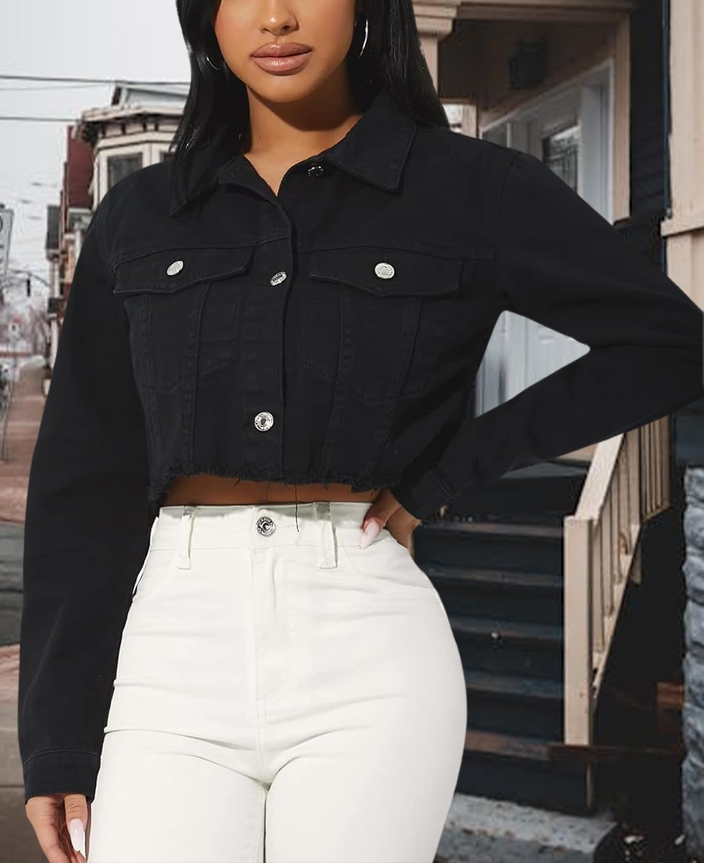 RomMoon Women's Denim Jackets Cropped Jean Jacket Long Sleeve Casual Button Down Crop Jean Jacket