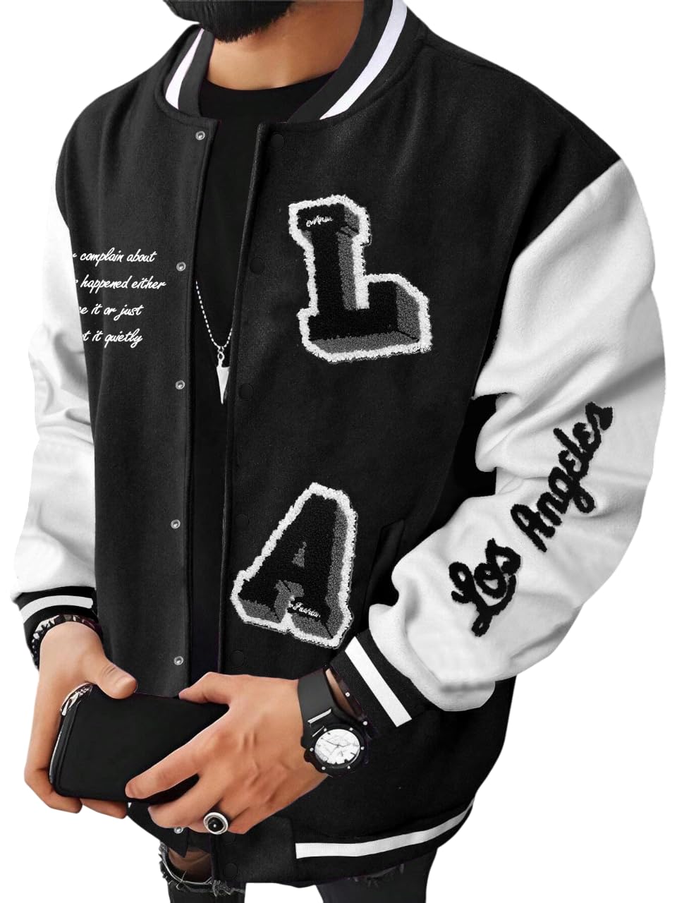 SOLY HUX Men's Varsity Jacket Letterman Bomber Jackets Color Block Long Sleeve Baseball Lightweight Coat Black and White Letter Large