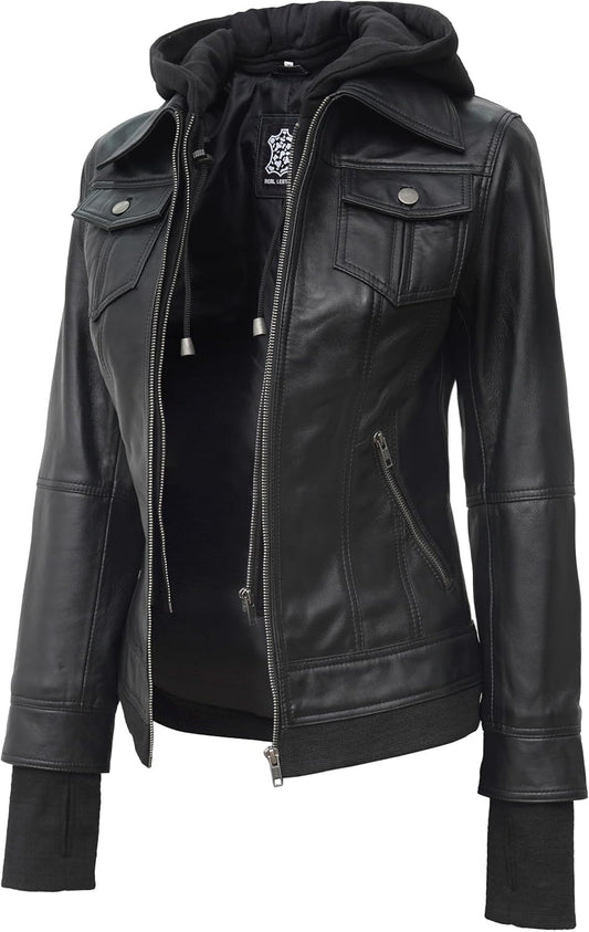 Blingsoul Hooded Leather Bomber Jacket For Women | [1309193] Betty - M