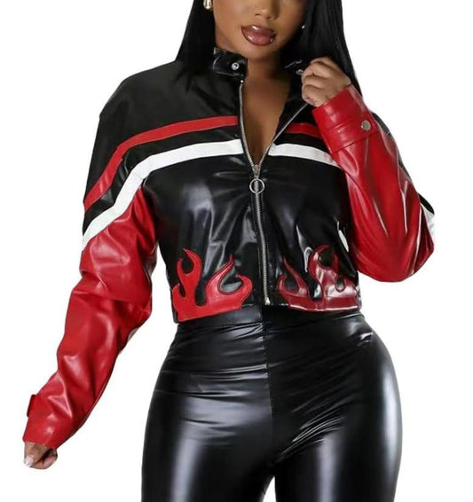 LXUAMR Womens Red Faux Leather Cropped Zip Up Bomber Jacket Women S-XXL