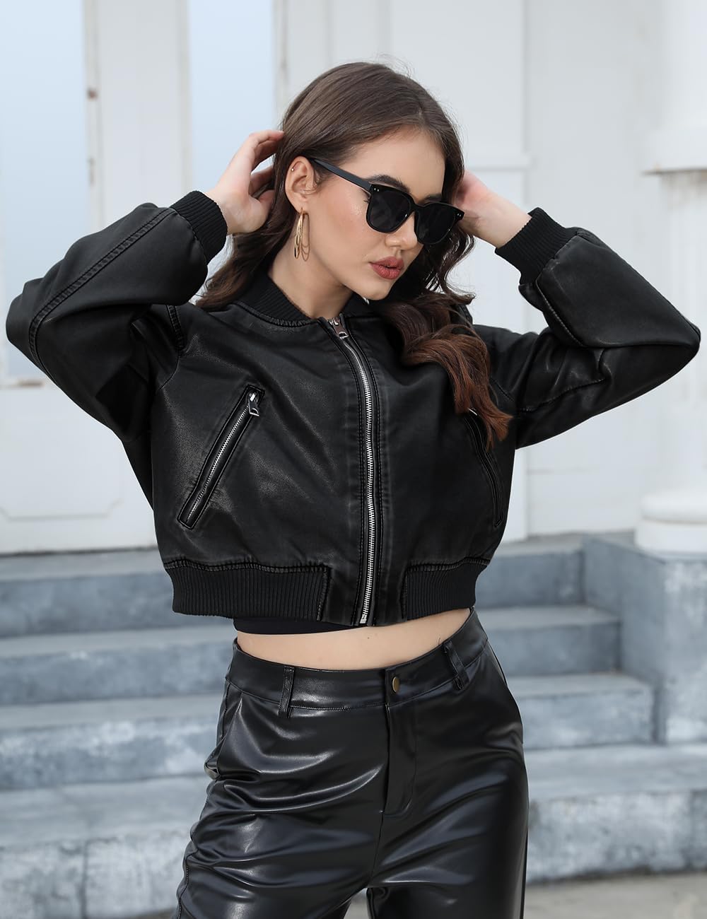 Bellivera Women's Cropped Faux Leather Jacket Bomber PU Moto Coat Black-b L
