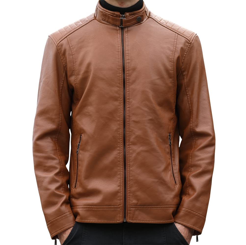 Womleys Mens Casual Stand Collar Faux Leather Jacket Biker Motorcycle Jackets (Brown, Medium)