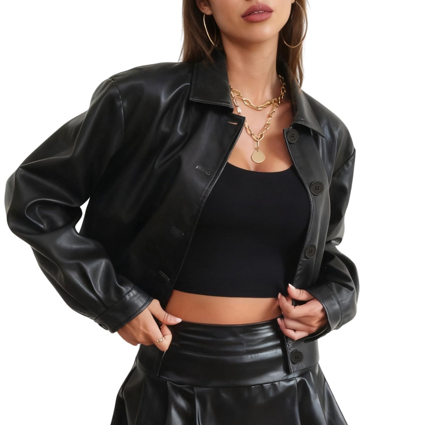 Muzly Womens Cropped Faux Leather Jacket Button Down Lightweight Bomber Motorcycle Jackets fall Fashion Coats 2025 Winter Outfits (Black,M)