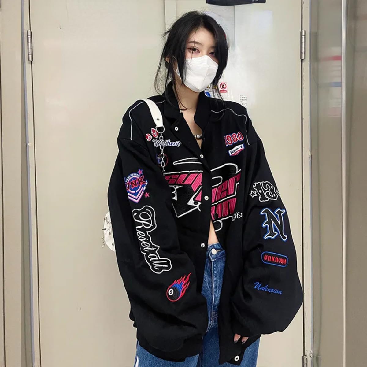 Women Y2K Vintage Varsity Jacket Hip Hop Racer Graphic Bomber Jacket Japanese Harajuku Button Up Sweatshirt Outerwear (Black,L)