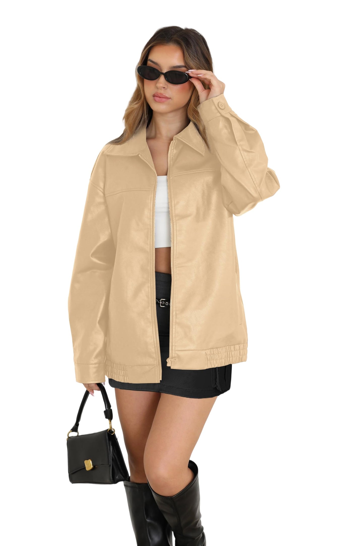 WIHOLL Womens Oversized Leather Jackets Faux Suede Fall Fashion Motorcycle Coats Winter Outfits Clothes Y2k Tops Khaki S