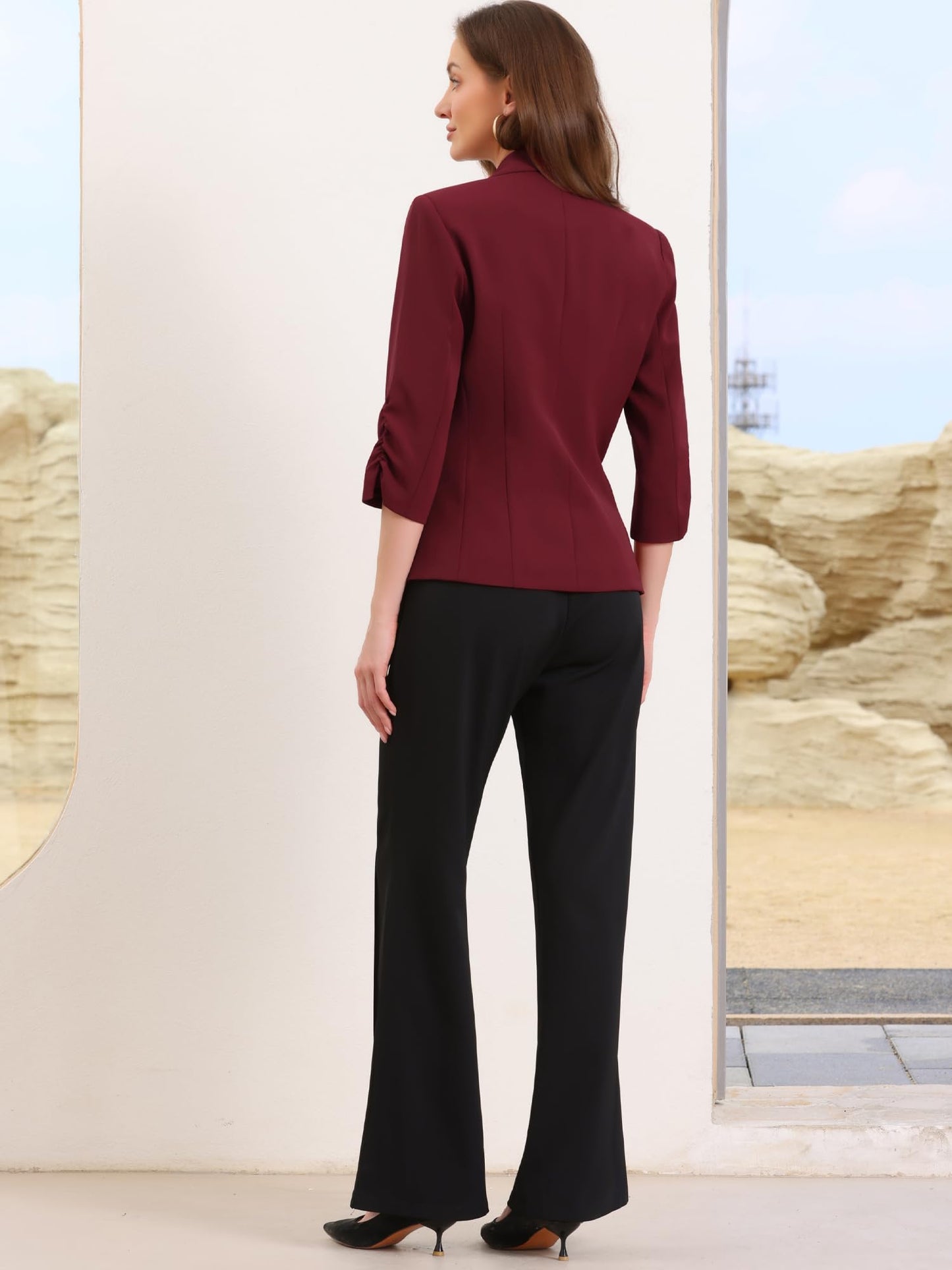 Allegra K Blazer for Women Business Casual Outfits Ruched 3/4 Sleeve Lapel Spring Dressy Suit Jackets with Pockets Medium Burgundy