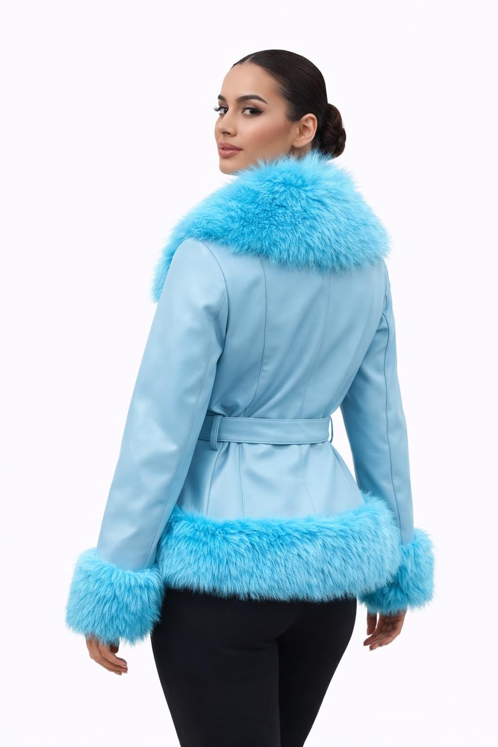 DLNYC Waist Length Warm Winter Vegan Leather Jacket with Faux Fur Trim (US, Alpha, Large, Regular, Regular, Blue)