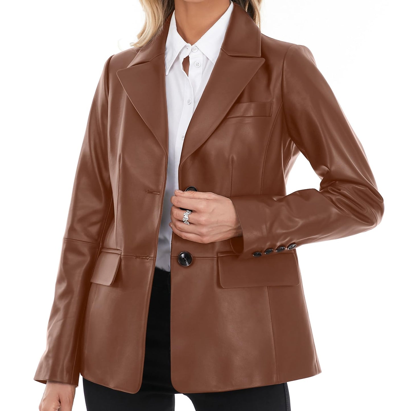 SILVER FASHIONS Lambskin Leather Jacket Women,Long Sleeve Button Front Leather Blazer,Notched Lapel Casual Style,Vent Detail (Small,Brown)