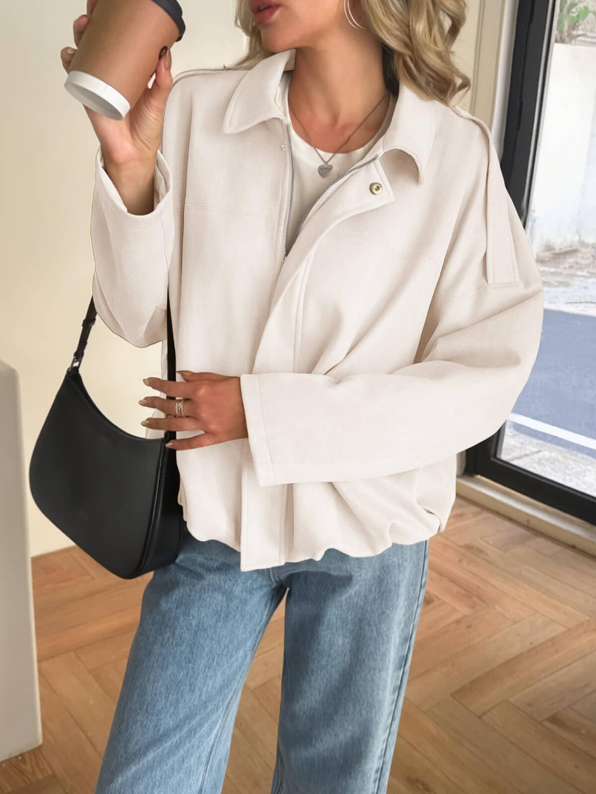 Cicy Bell Womens Faux Suede Bomber Jackets Oversized Cropped Zip Up Coats