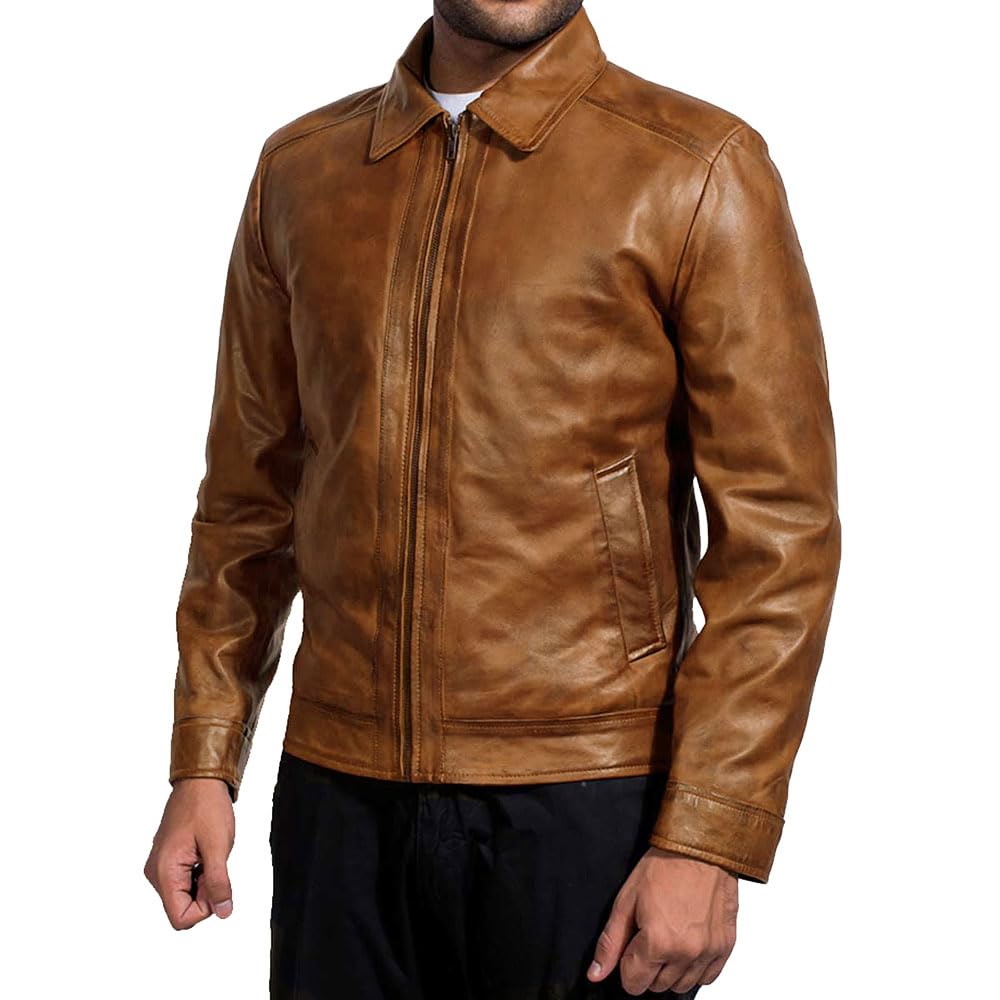 Mens Leather Jacket - Real Lambskin Classic Vintage Style Leather Jackets For Men Brown Leather Jacket for Mens (US, Alpha, Medium, Regular, Regular, Camel)
