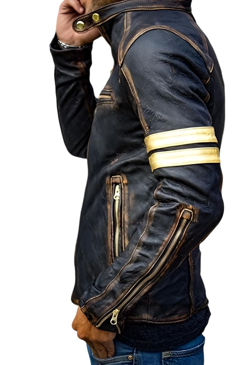 Jild Distressed Café Racer Black Leather Jacket Men - Genuine Lambskin Leather Biker Style Mens Vintage Motorcycle Jacket (YP-Blk-M)