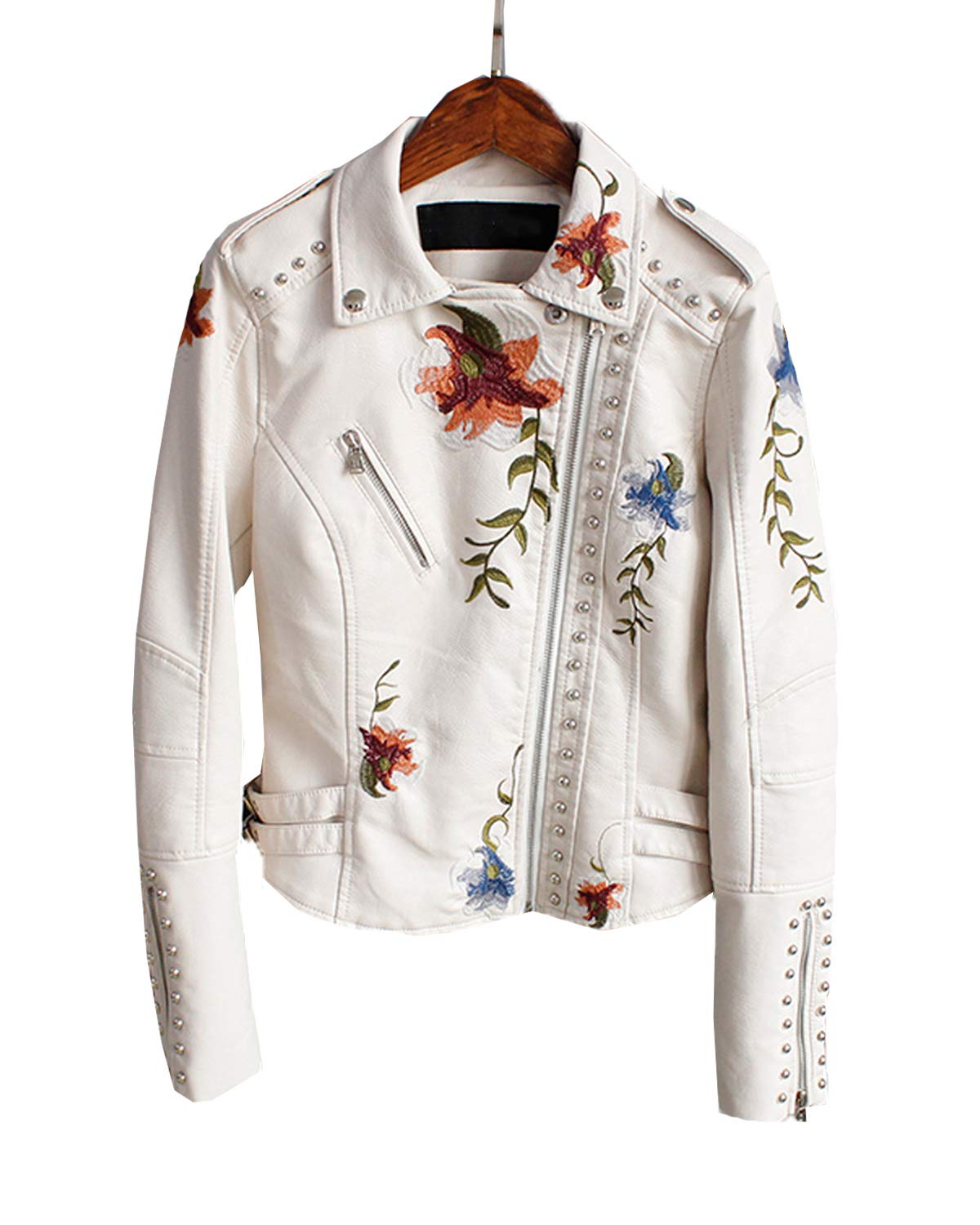 LY VAREY LIN Women's Floral Embroidered Faux Leather Moto PU Jacket Coat (L, Beige)