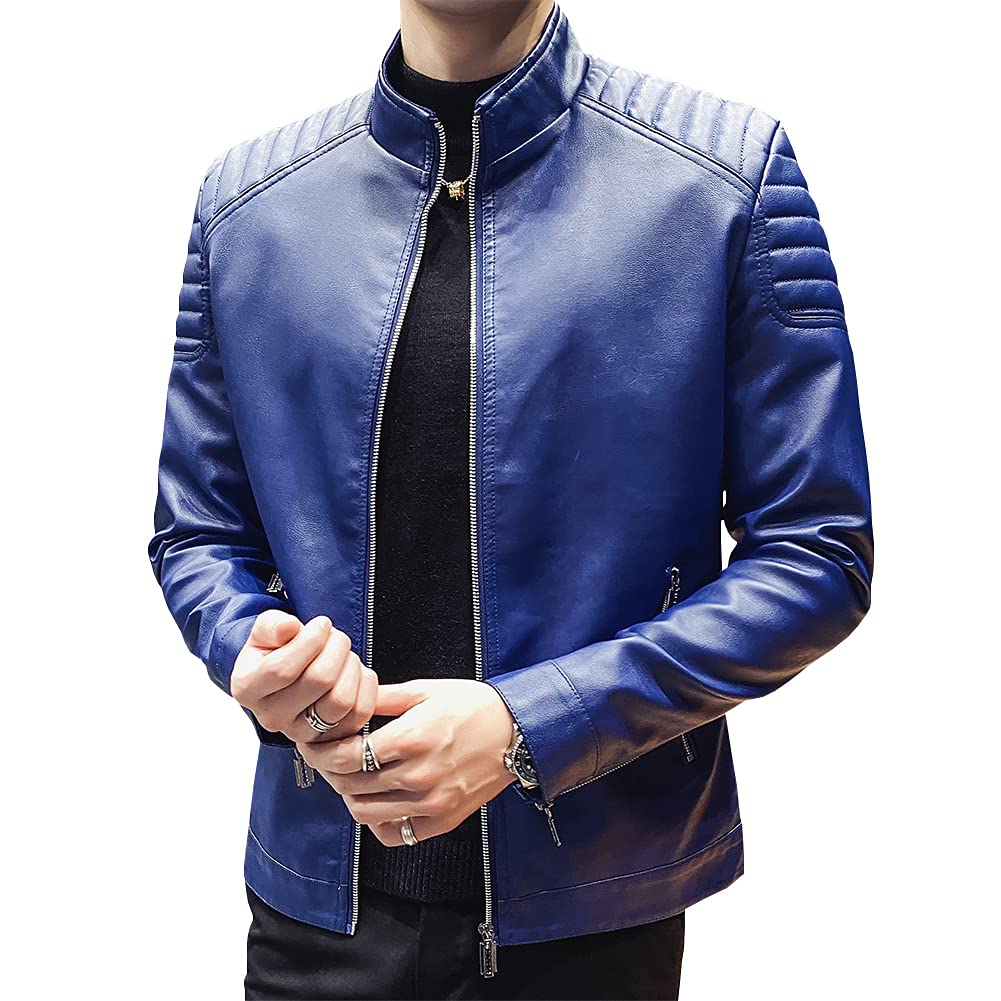 Womleys Mens Casual Stand Collar Slim Fit Faux Leather Jacket Biker Motorcycle Jacket (X-Blue, Medium)