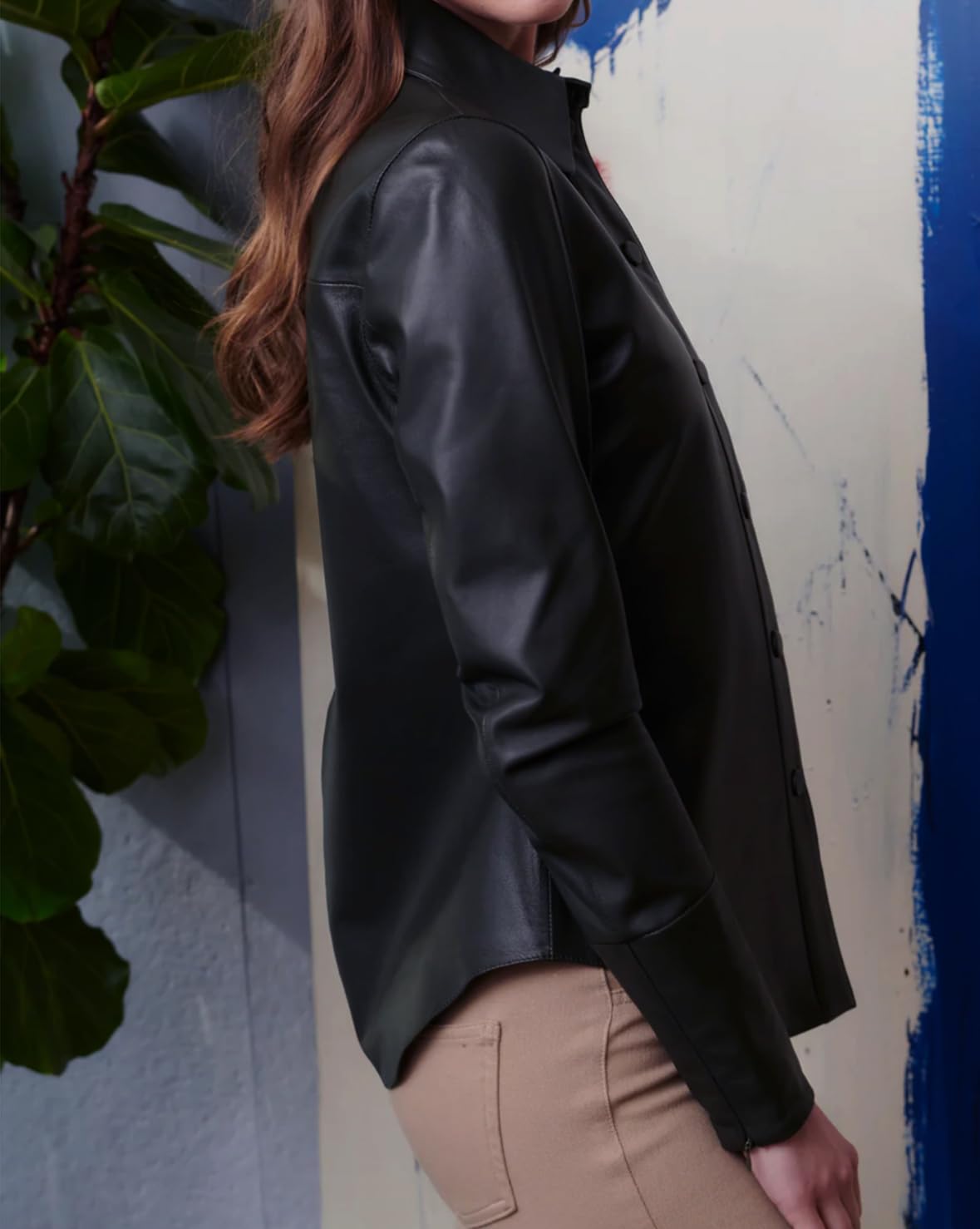 Jild Casual Shirt Real Leather Jacket Women - Long Sleeve Snap Button Down Soft Lambskin Leather Shacket Regular and Plus Size (LS-Blk-M)