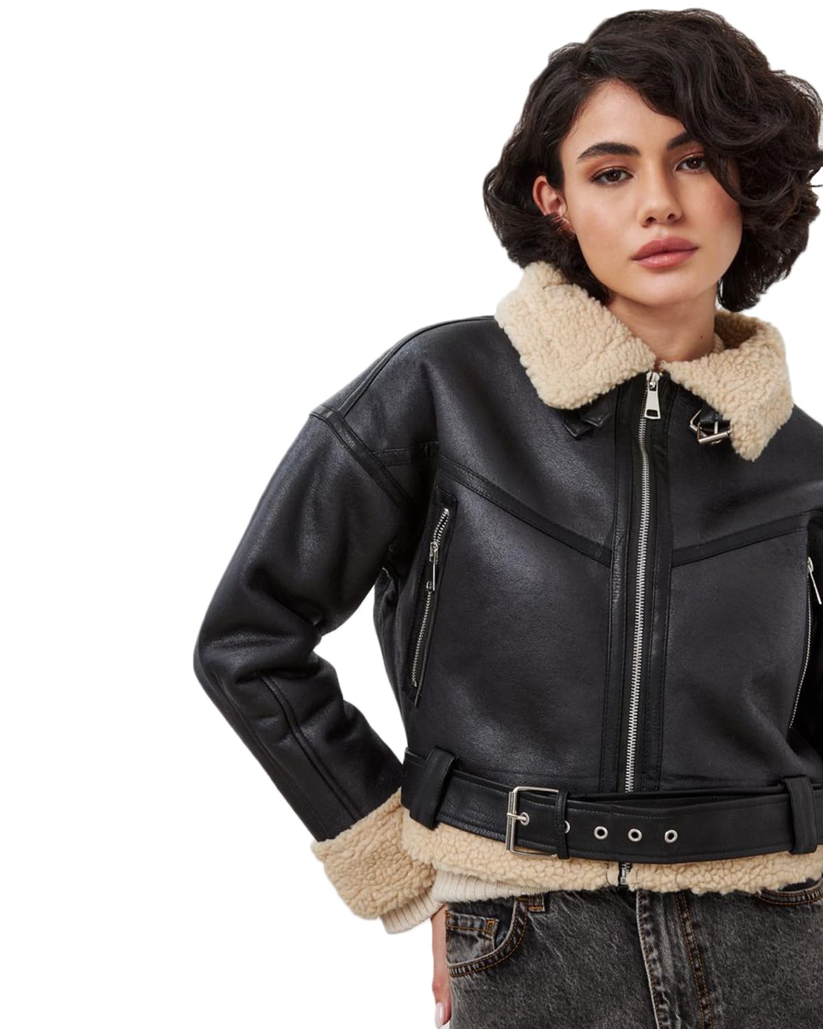LY VAREY LIN Winter Women Faux Lamb Fur Leather Short Jacket Lapel Zipper Bomber Aviator Coat