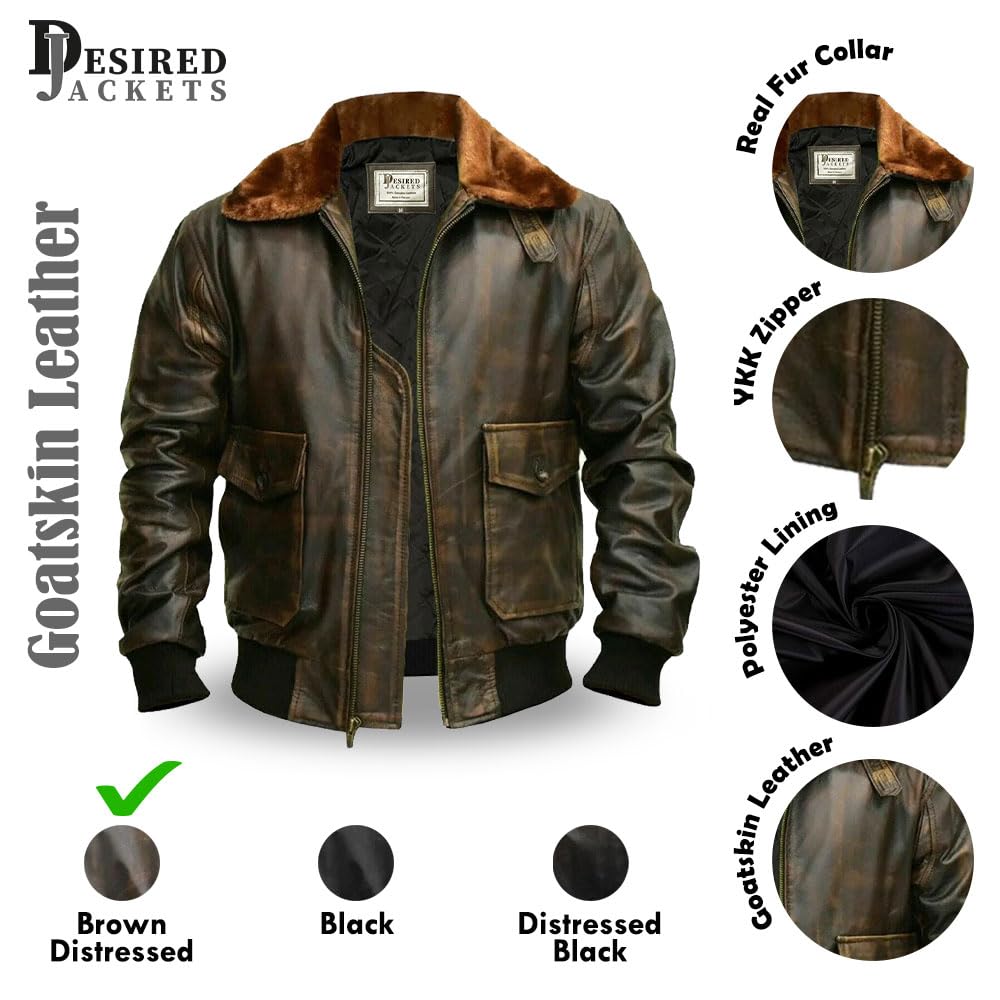 Mens G-1 Fur Collar US Navy Flight Distressed Brown Aviator Genuine Leather Jacket (L, Brown Real Leather Jacket)