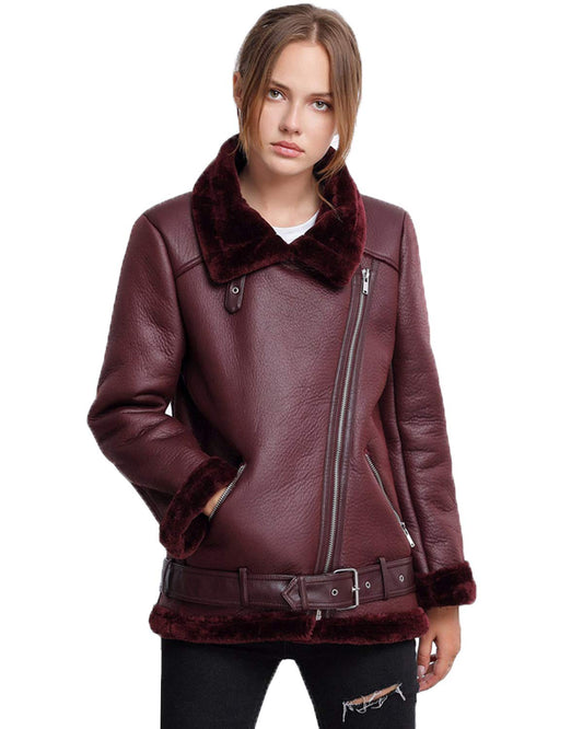 LY VAREY LIN Women's Faux Shearing Moto Jacket Thick Lined Parka Winter Shearling Coat Leather Jacket (XL, Wine Red)