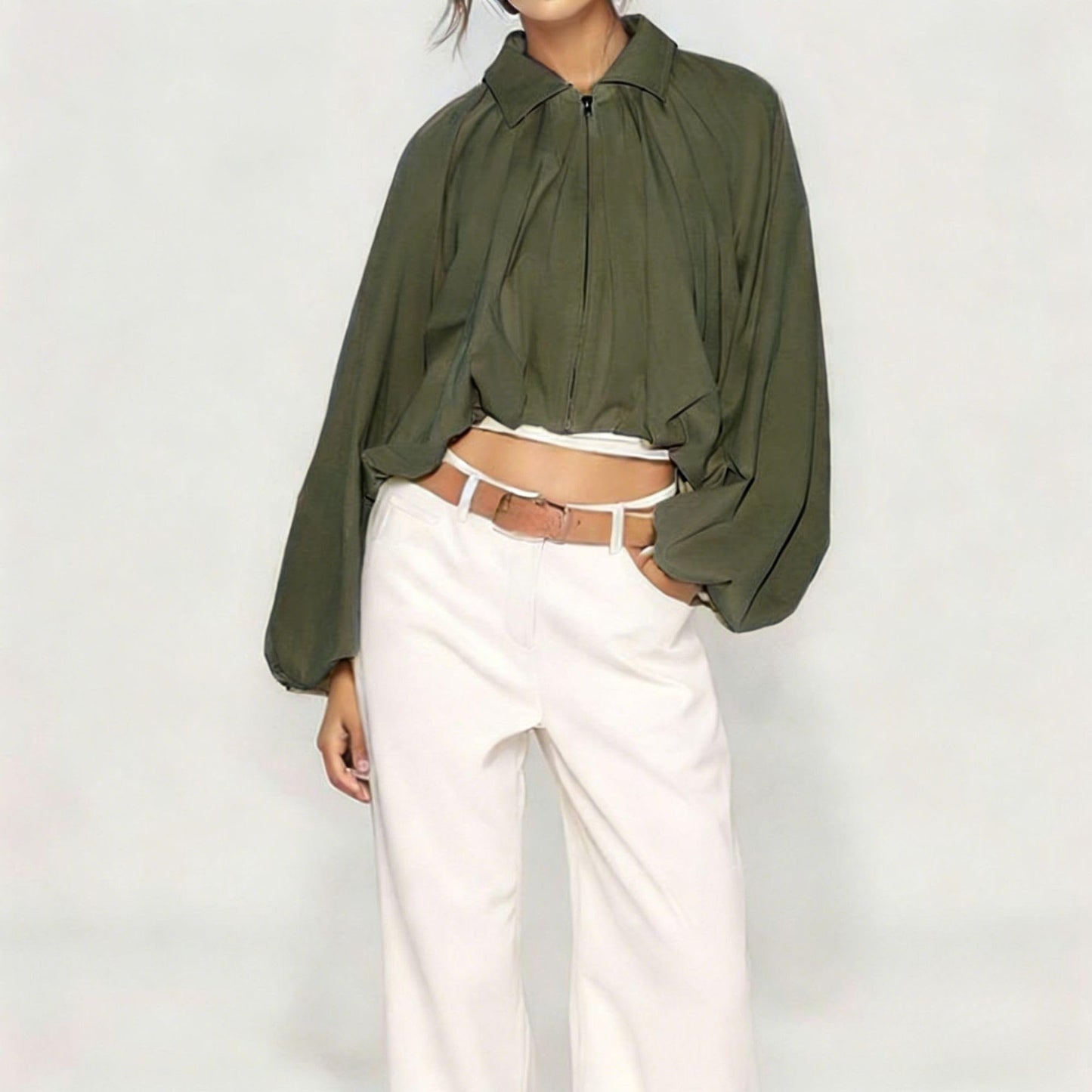 Chevara Women’s Puffed Sleeve Bomber Jacket Trendy Lapel Collar Zip Up Cropped Loose Fit Spring Fall Pleated Shirt(0345-Green-S-CW)