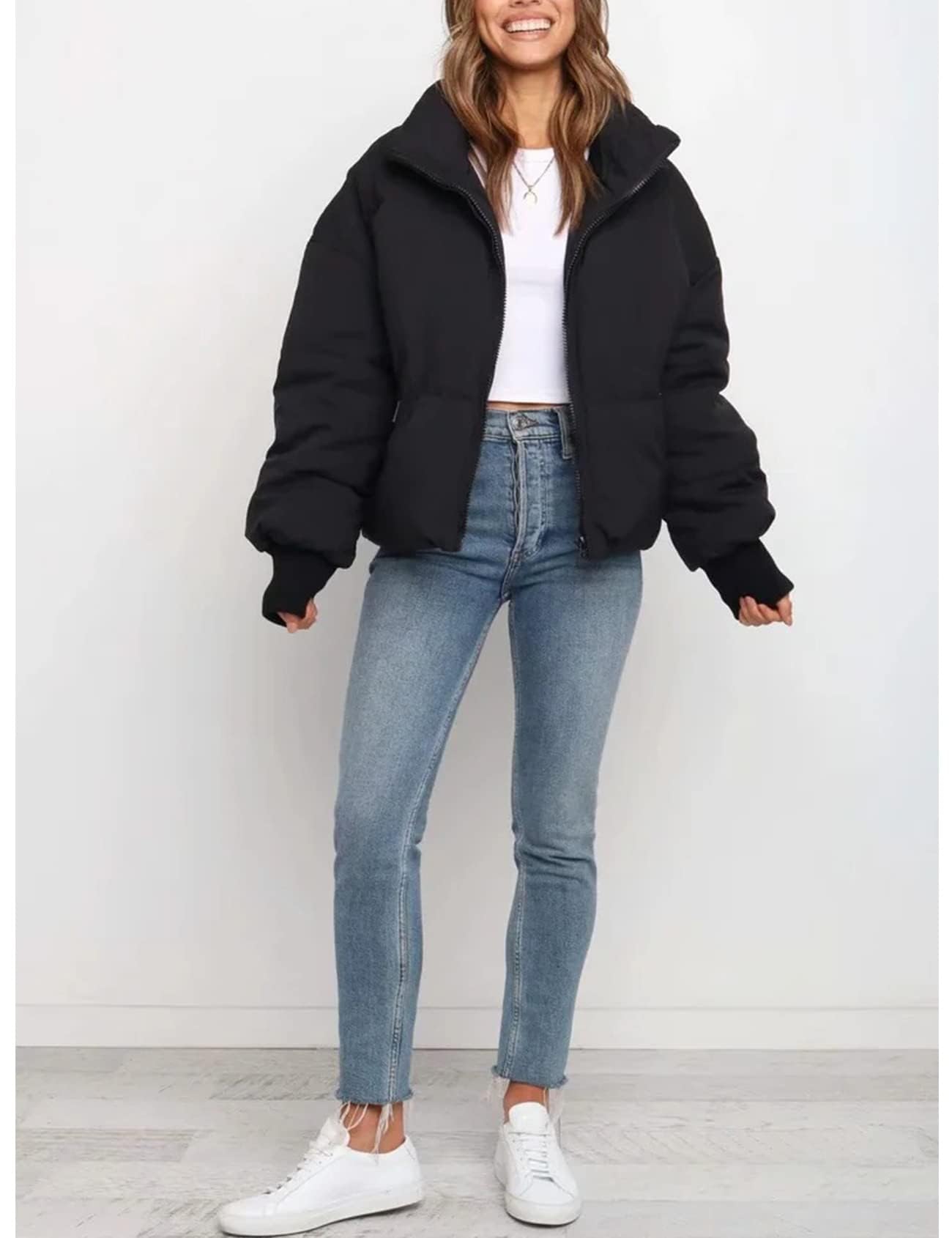 Gihuo Women’s Winter Cropped Puffer Jacket Coat Short Warm Quilted Jacket (Large, Black)