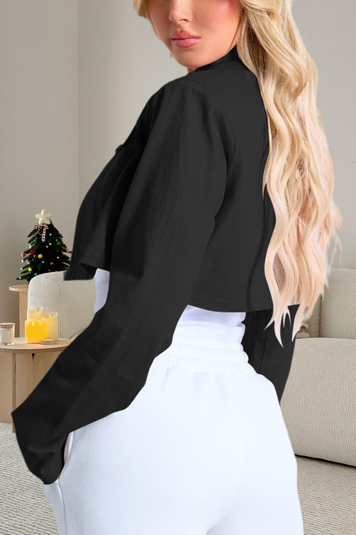RomMoon Women's Cropped Jacket Casual Zip Up Long Sleeve Lapel Crop Tops Jackets Coat
