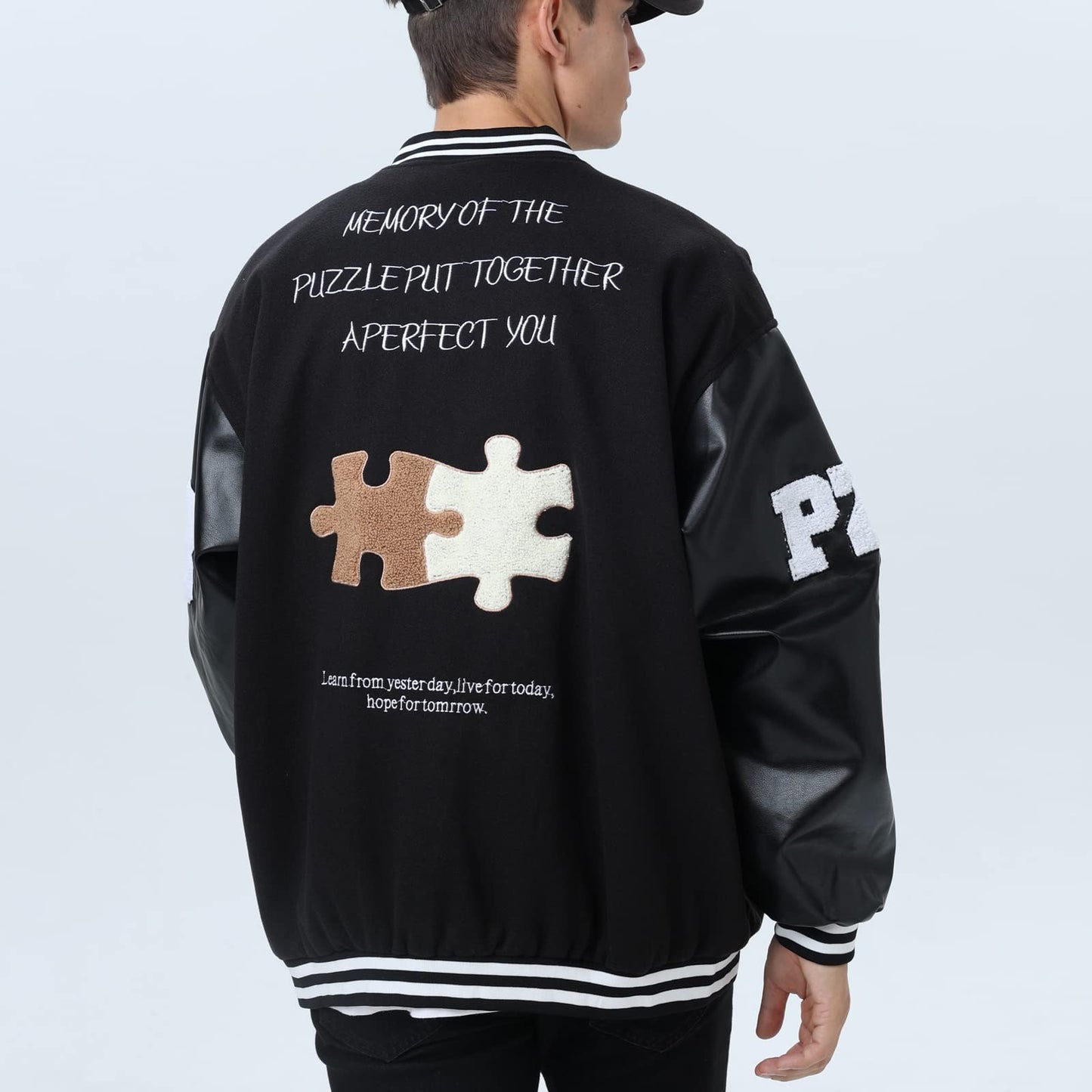 Moshtashio Mens Varsity College Jacket Baseball Bomber Jacket Vintage Sweatshirt Casual Unisex Streetwear Coats with Patch (1 Black, X-Large)