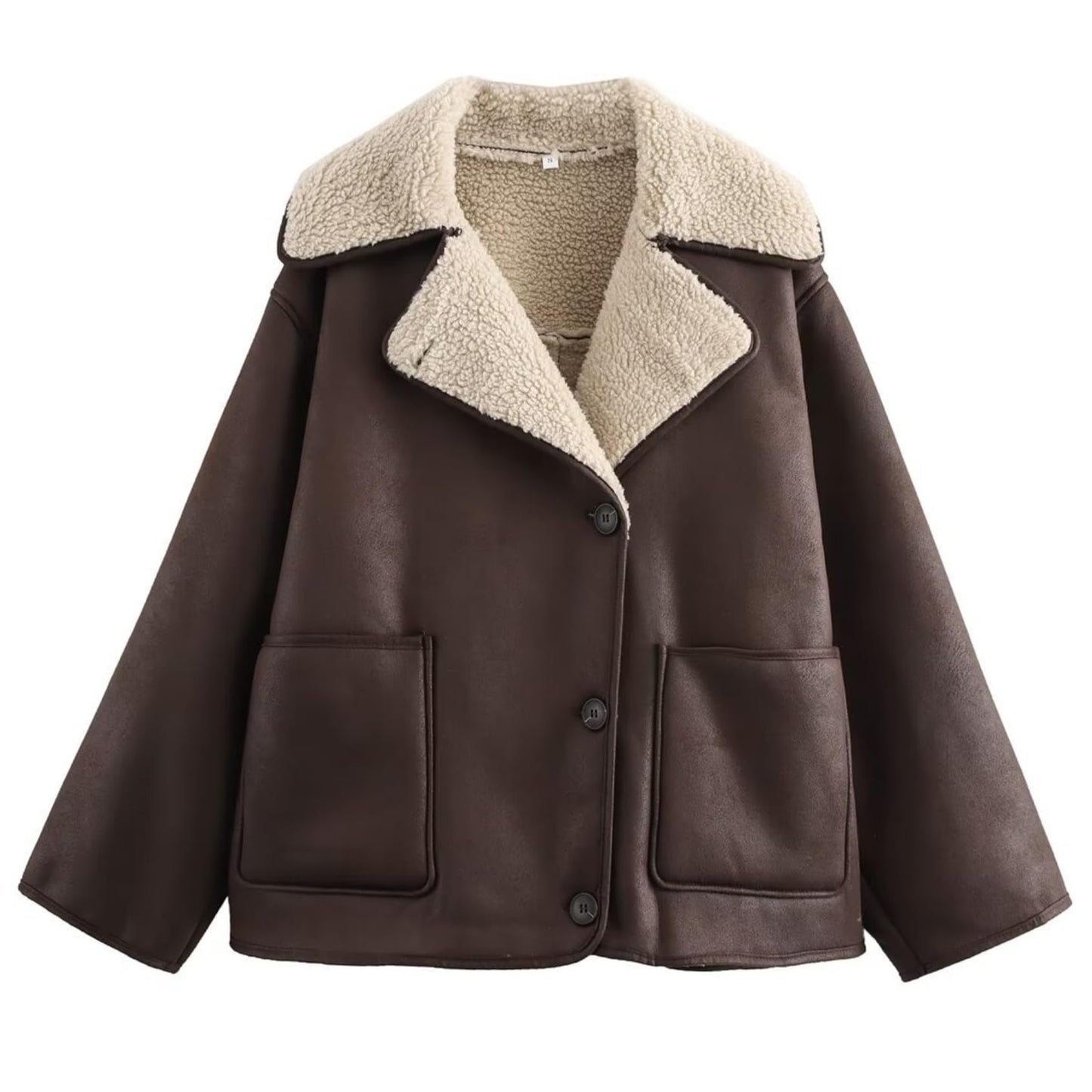 Perbai Women's Lapel Fleece Lined Single Breasted Faux Suede Jacket Oversized Leather Trucker Coat(Brown-S)