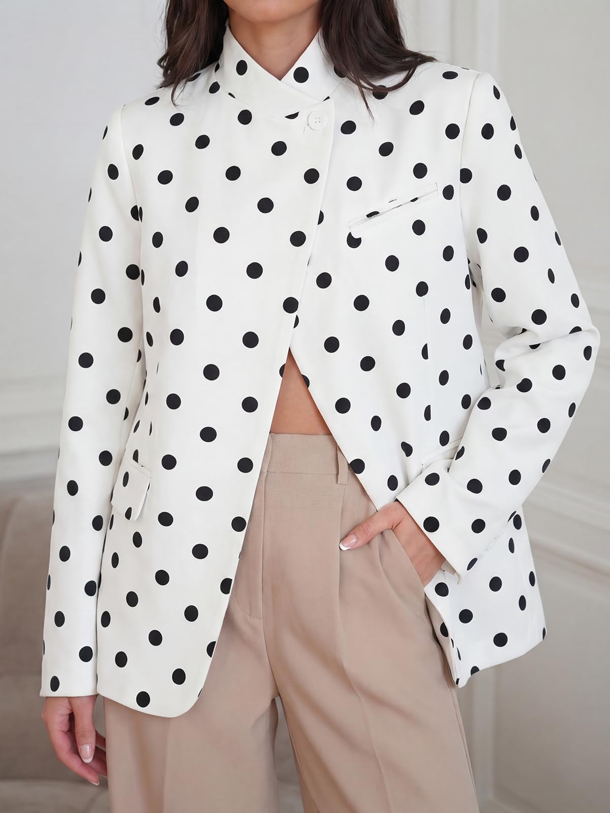 Cicy Bell Women Polka Dot Blazer Business Stand Collar Open Front Jacket