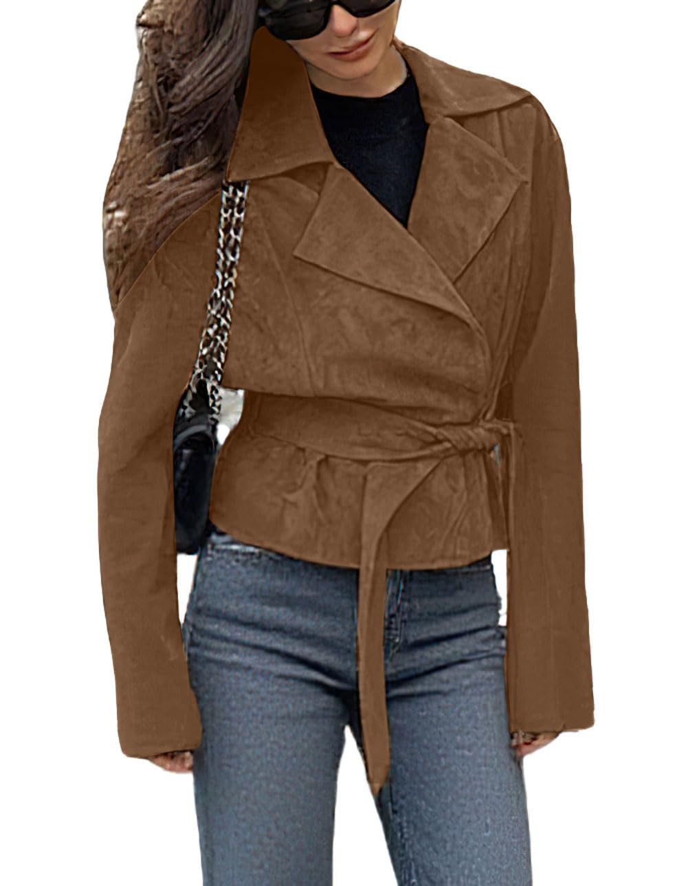 CHARTOU Faux Suede Leather Jacket 2025 Vintage Casual Cropped Wrap Coat with Belt (Large,Brown)