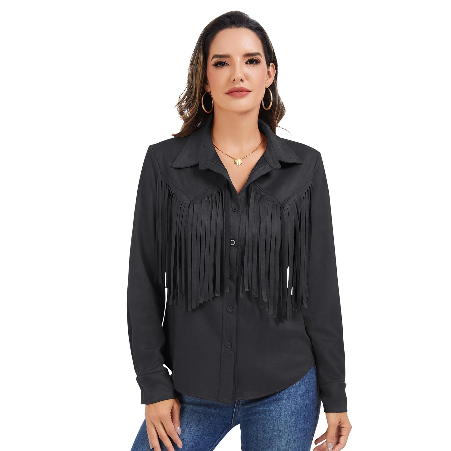 Women's Fringe Shirt, Long-Sleeve Button-up top, Women's Western Cowboy Faux Suede Leather Shirt Jacket (US, Alpha, Small, Regular, Regular, Black)