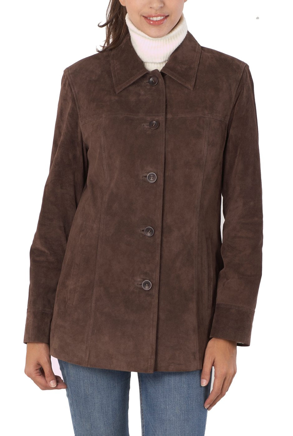 BGSD Women Anna Suede Leather Car Coat (Also available in Plus Size & Petite), Brown, X-Large