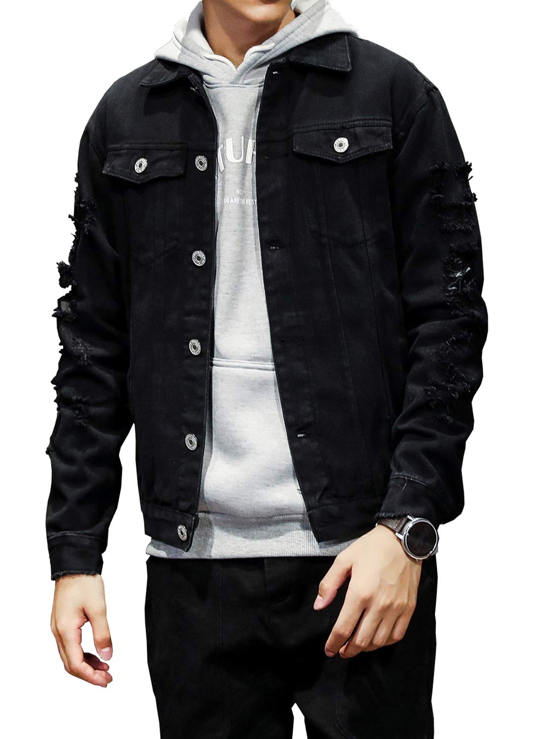 DAVID.ANN Men's Distressed Jean Coat Ripped Holes Button Down Denim Casual Trucker Jacket Outerwear,Black,Medium