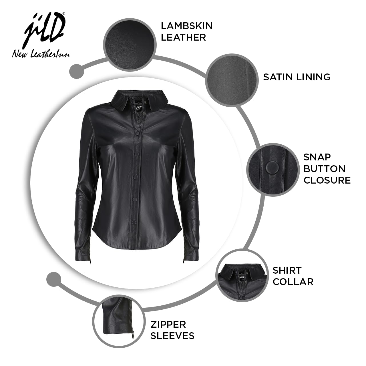 Jild Casual Shirt Real Leather Jacket Women - Long Sleeve Snap Button Down Soft Lambskin Leather Shacket Regular and Plus Size (LS-Blk-M)
