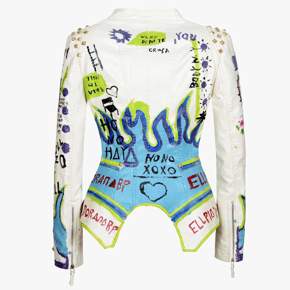 FUYUAN Women's fashion studs perfectly shaped artificial leather jacket graffiti punk motorcycle jacket(XL-White)