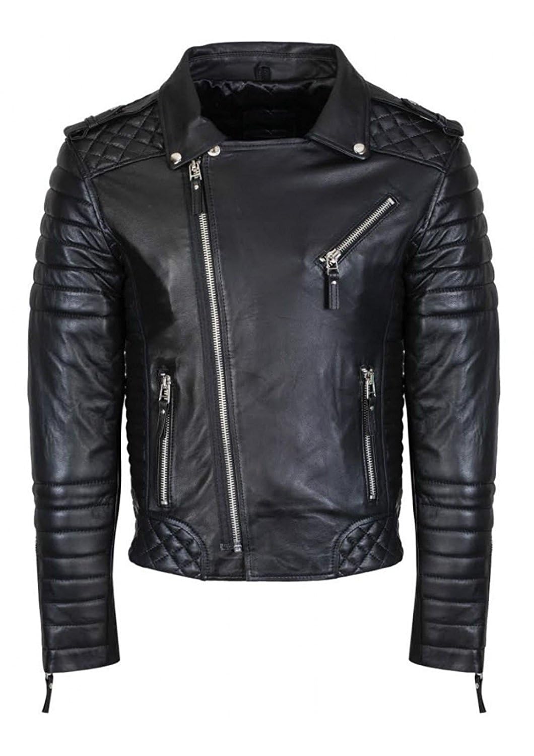 DECIMAL Men's Black REAL Lambskin Leather Biker Jacket VINTAGE GENUINE MOTORCYCLE JACKETS FOR MEN (US, Alpha, Medium, Regular, Regular, C BLACK)