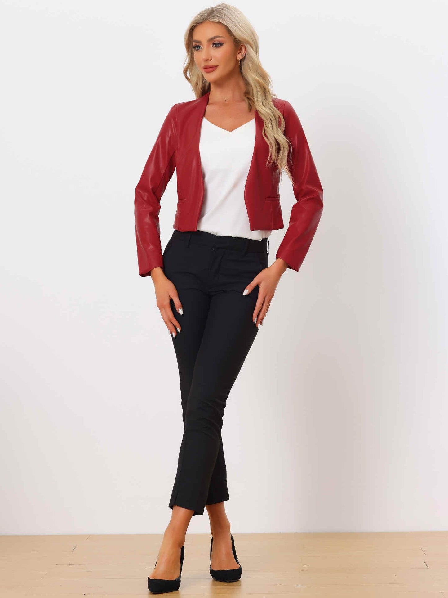 Allegra K Women Faux Collarless Open Front Crop PU Leather Moto Jacket