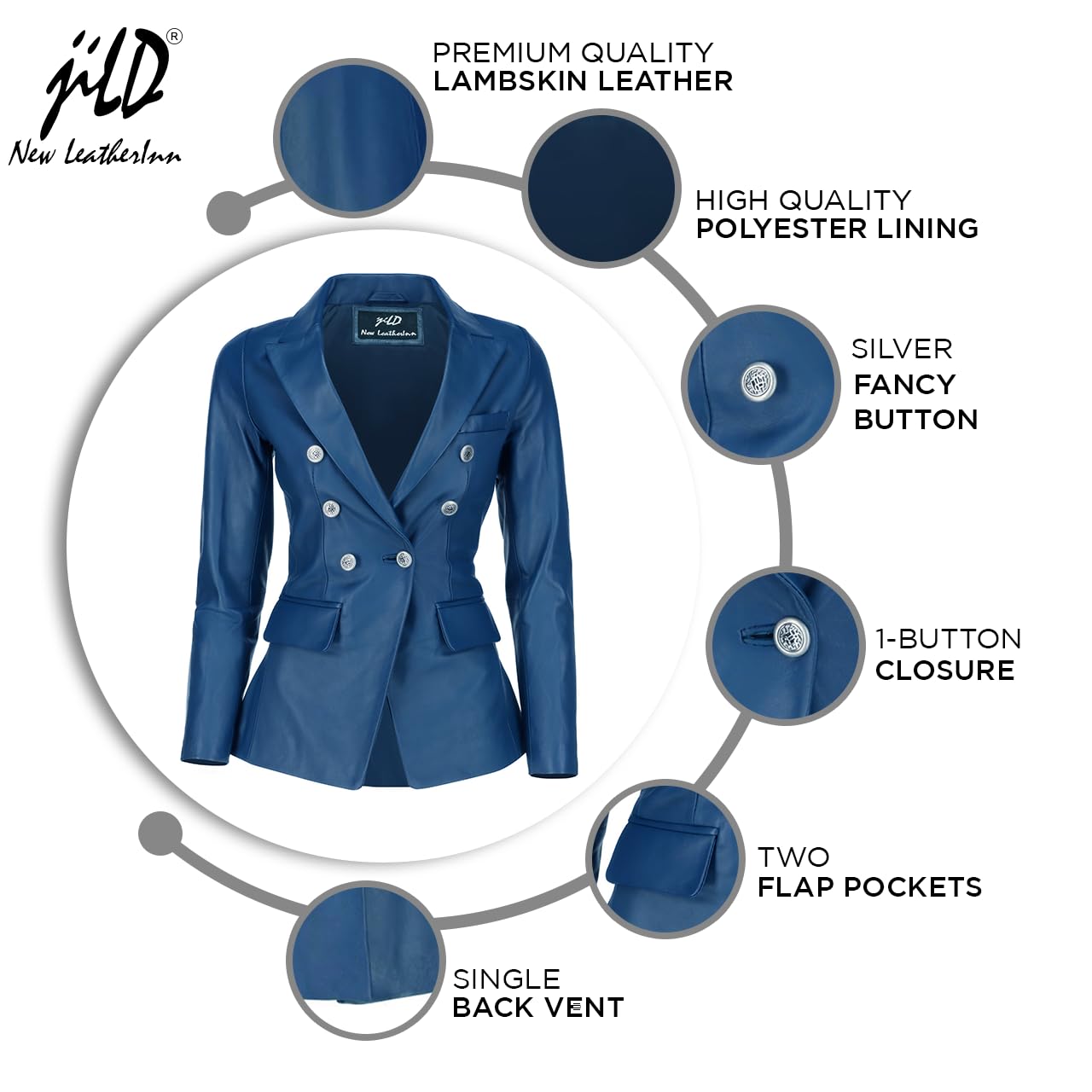 Jild Double Breasted Fancy Buttons Lambskin Leather Blazer Women - Kim Kardashian Long Sleeve Coat Style Leather Jacket Women (FC-Blue-L)