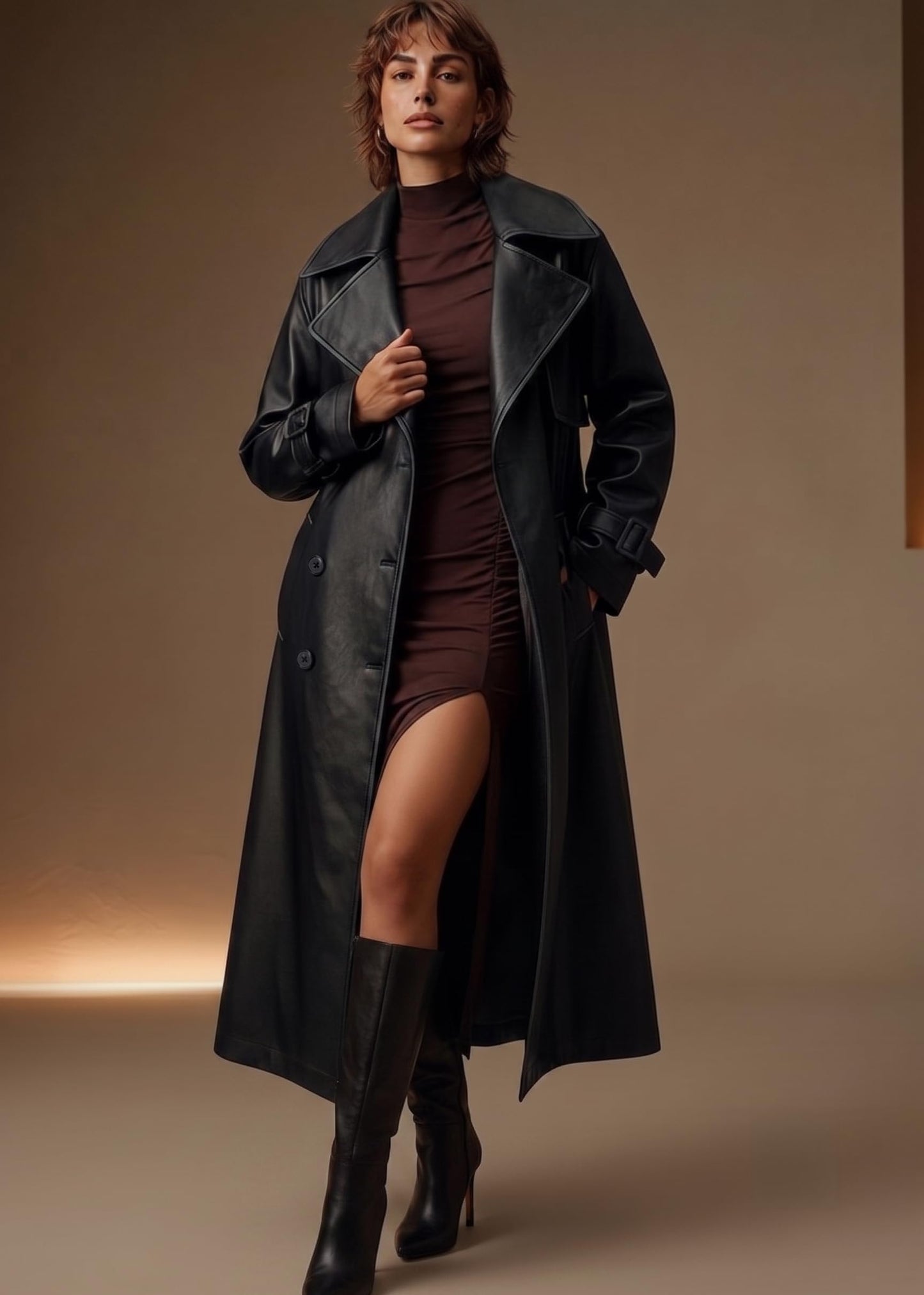 Bellivera Women Trench Coat Long Jacket Faux Leather Classic Lapel Belt Loose Overcoat 2225 Black S