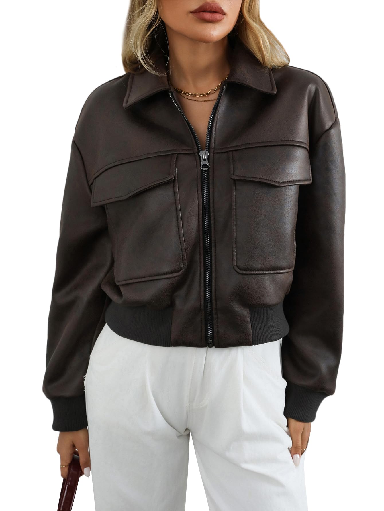LY VAREY LIN Women Faux Leather Bomber Jacket Distressed Button Front Aviator Biker Coat