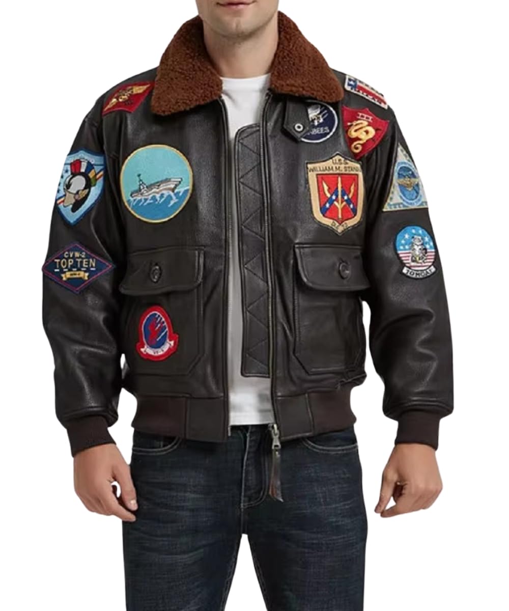 Mens Top Aviator USAAF Pilot Flying Tom Multiple Patches G1 Bomber Jacket Fur Collar Brown Bomber Leather Jacket (as1, alpha, s, regular, regular, Real Leather)