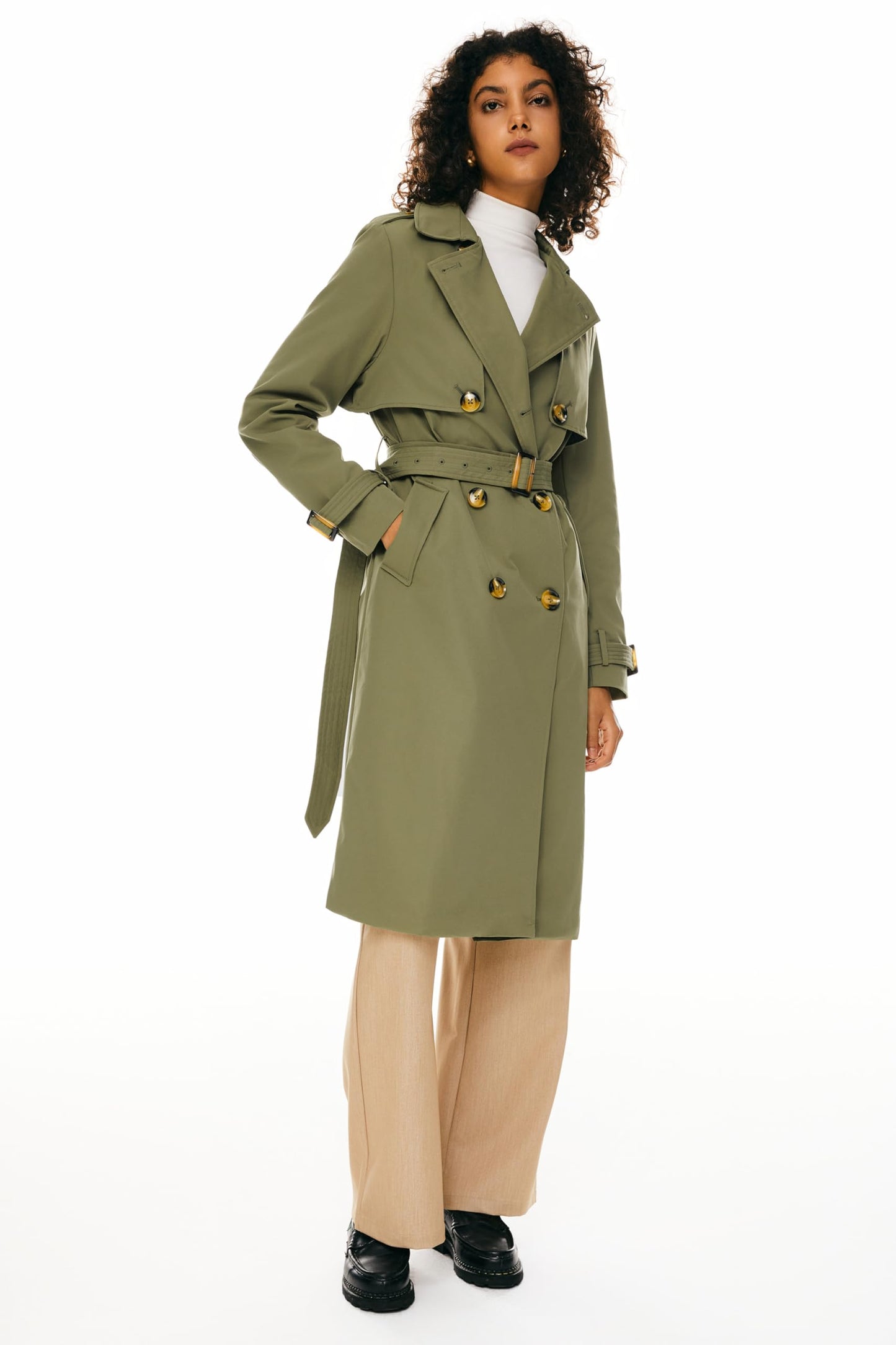 Orolay Women's 3/4 Length Double Breasted Trench Coat Lapel Jacket with Belt Green M