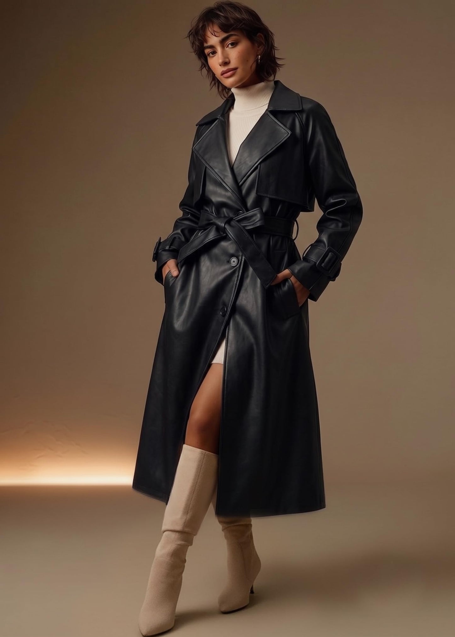 Bellivera Women Trench Coat Long Jacket Faux Leather Classic Lapel Belt Loose Overcoat 2225 Black S