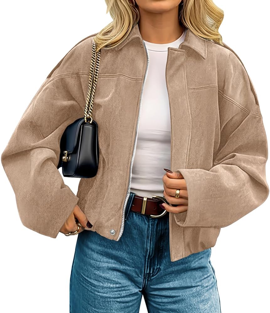 kipfall Womens Faux Suede Jackets Fall Fashion Outfits Coat Winter Clothes Open Front Cropped Jacket