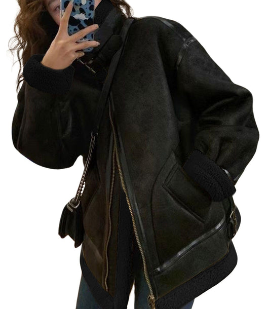 loveimgs Women Oversized Faux Suede Moto Jacket Sherpa Fleece Lined Leather Jacket Aviator Shearling Fur Coat Overcoat (Large, Black)