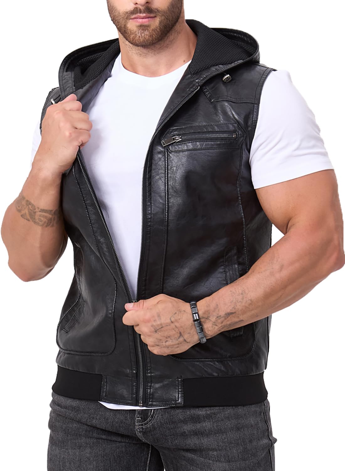 FANARCHER Men's Vintage Faux Leather Vest Jacket Zip-up Classic Hipster Vest with Hood Sleeveless Jacket