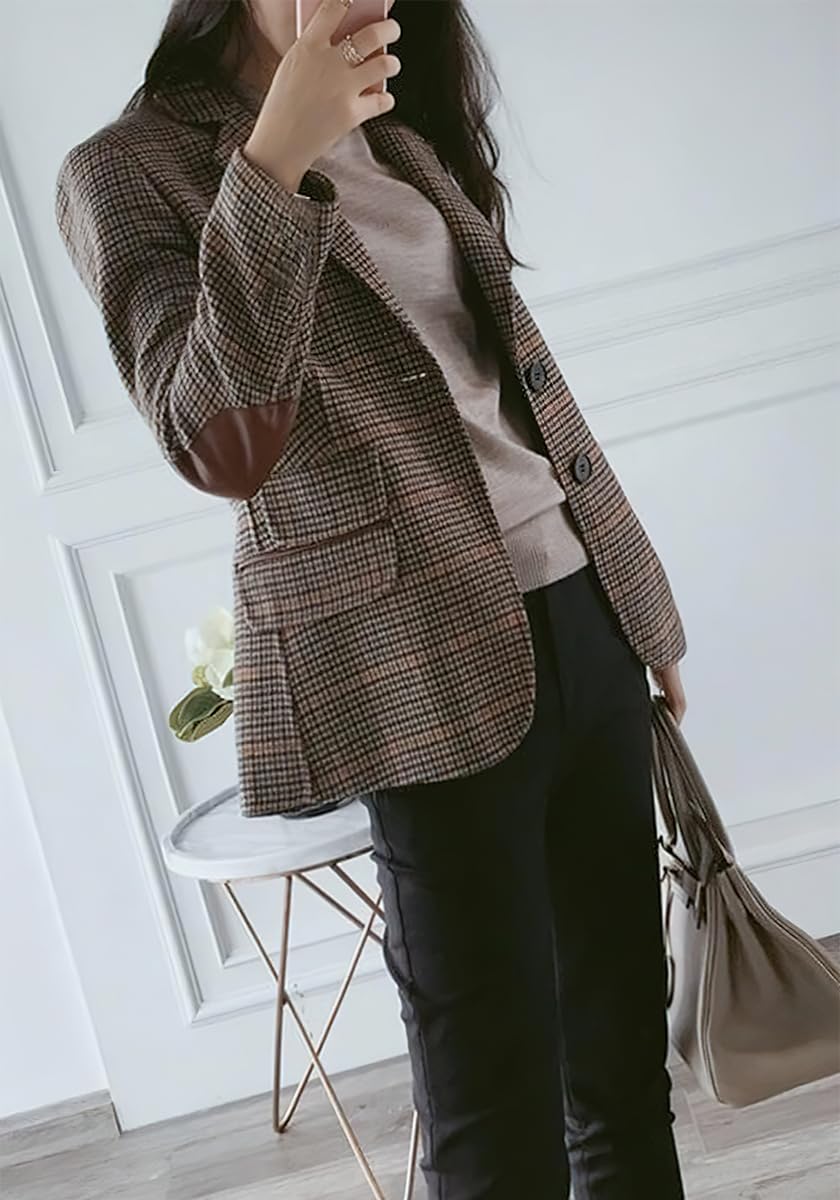 ebossy Womens Vintage Nothced Lapel Single Breasted Boyfriend Blazer Suits Houndstooth Plaid Jacket Coat with Patched Elbow (Medium,Khaki-a)